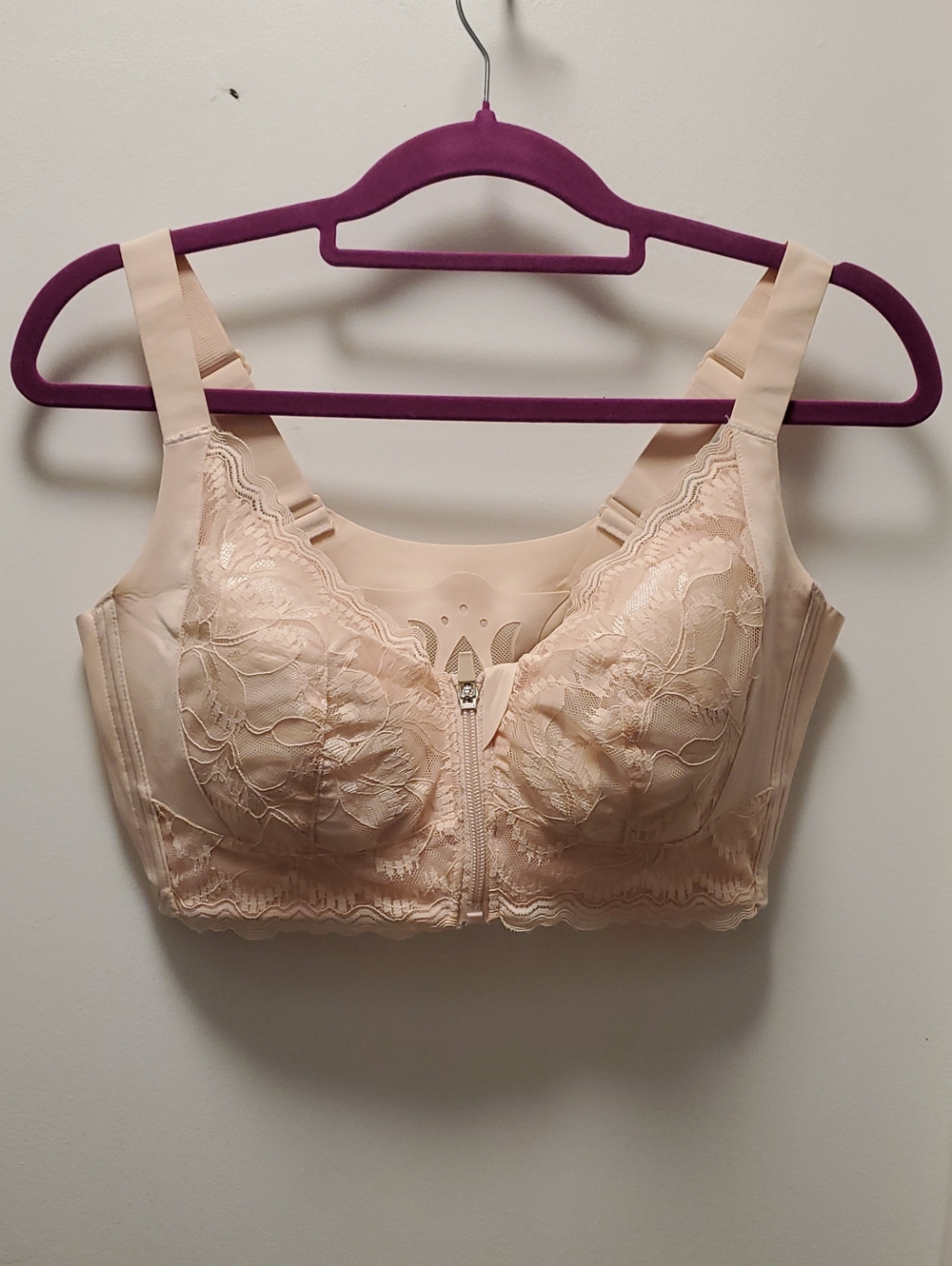 Front-Zip Support Bra with Lace Overlay - Nude Blush